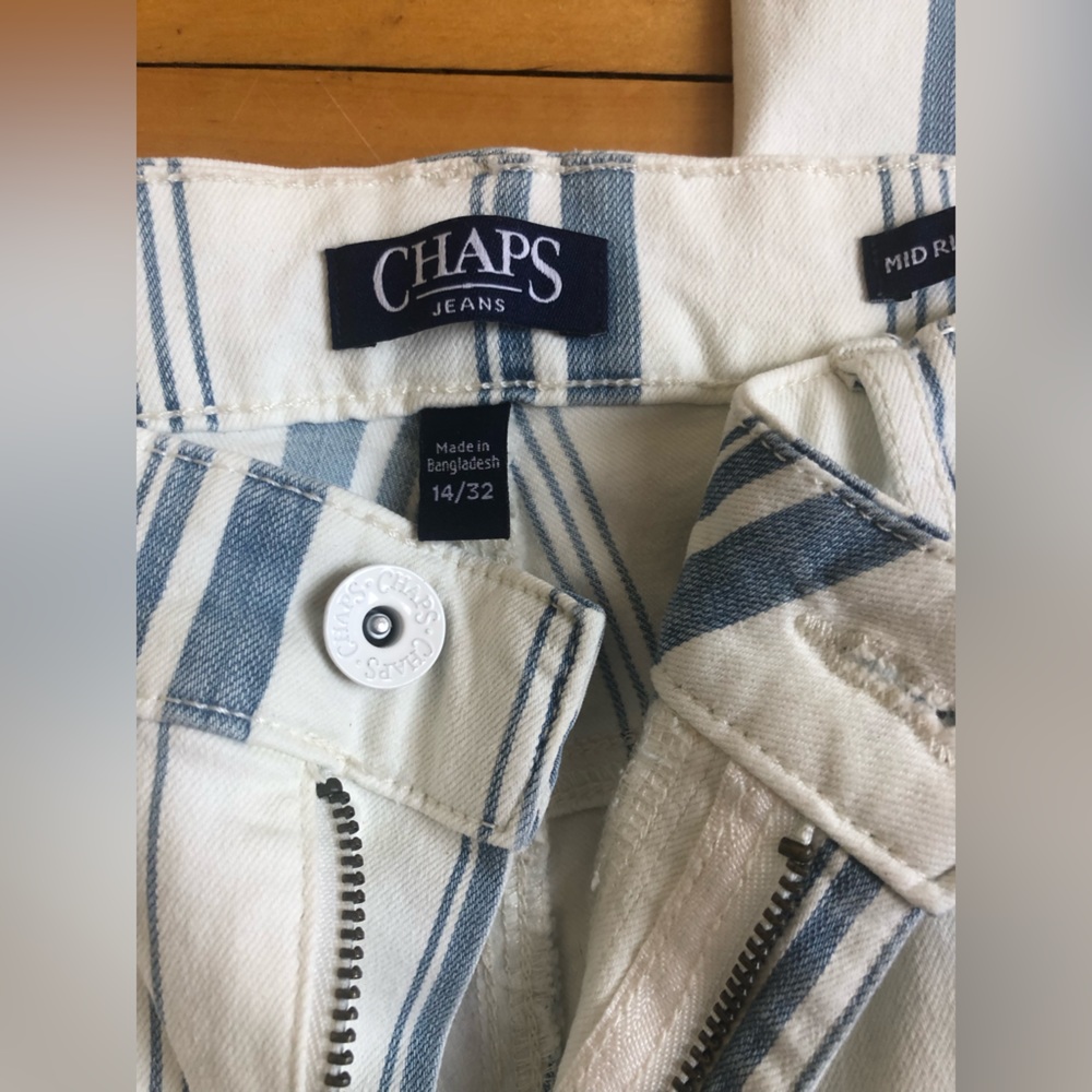 NWT CHAMPS Blue White Striped Jeans Flare Leg Size 14 32 Some Stretch Bootcut - Picture 6 of 12